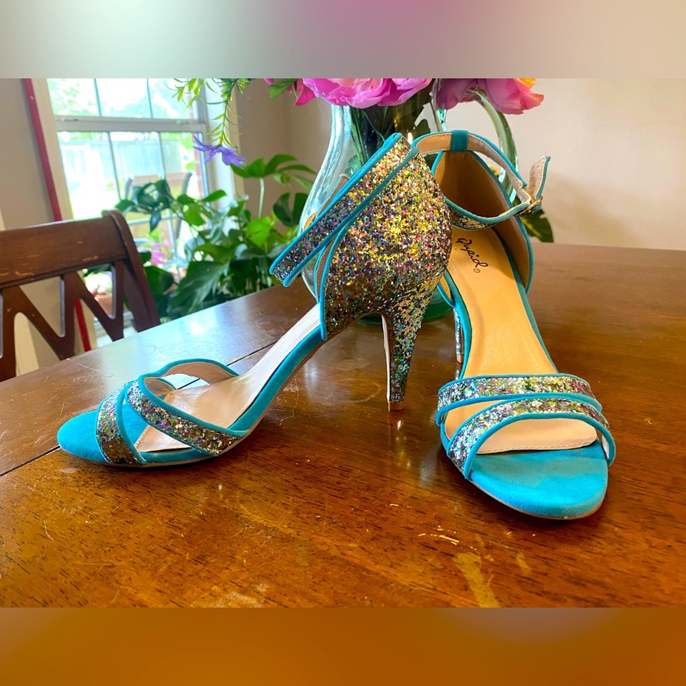 Glitter aqua ankle strap shoes ideal for parties and dance